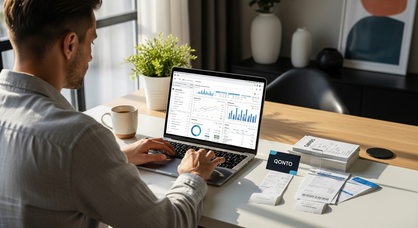 Freelancer using laptop to manage automated bookkeeping and invoicing with Qonto Smart Plan business account