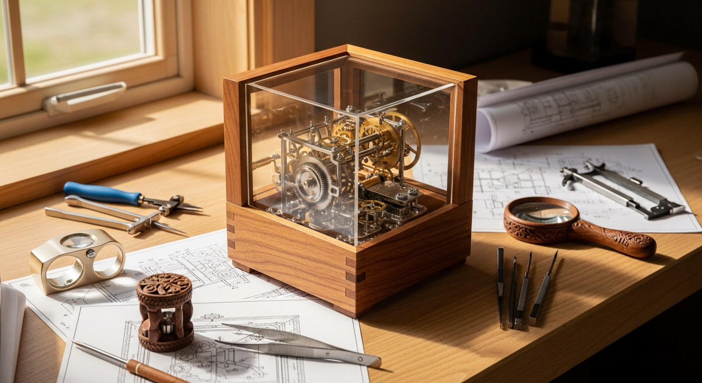 ROKR Dream Gift Factory Wooden Music Box with visible gears and mechanical components displayed on wooden shelf