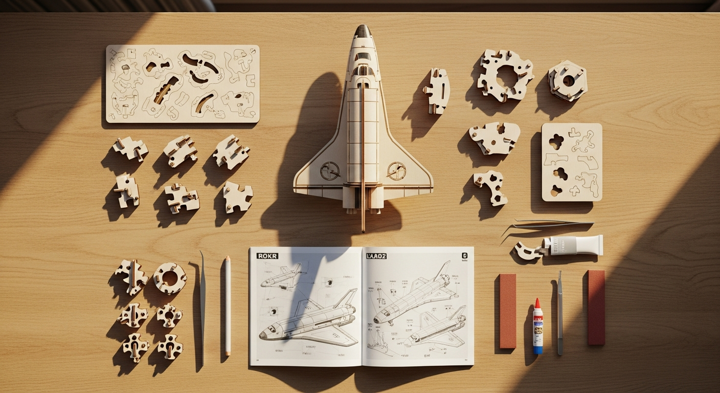 ROKR Space Shuttle 3D wooden puzzle model with mechanical launch system and LED lighting effects displayed on multi-tiered base