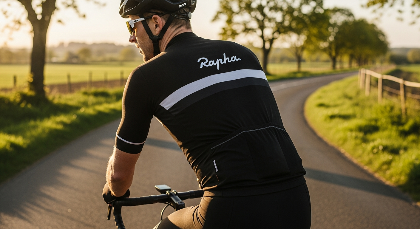 Rapha Men's Classic Cycling Jersey in navy blue displayed on a cyclist in riding position