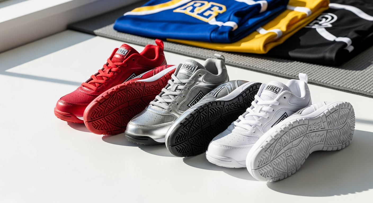 Rebel Athletic Performance Cheer Shoes displayed in black and white colorways showing specialized grip technology
