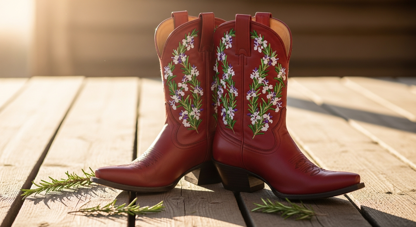 Redtop Rosemary embroidered cowgirl boots in red with floral stitching and snip toe design