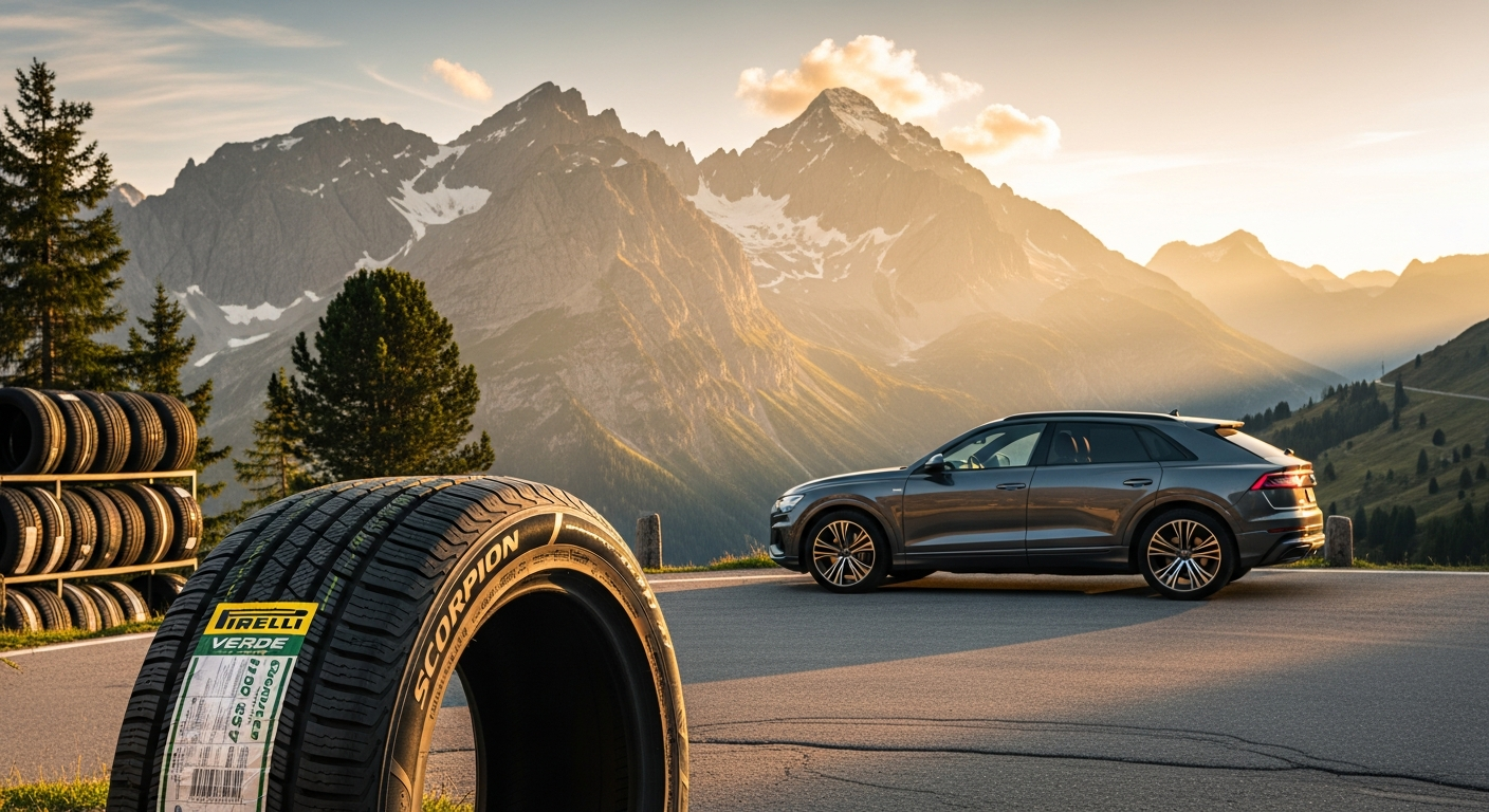 Pirelli Scorpion Verde All-Season tire mounted on a modern Swiss SUV in Alpine mountain landscape