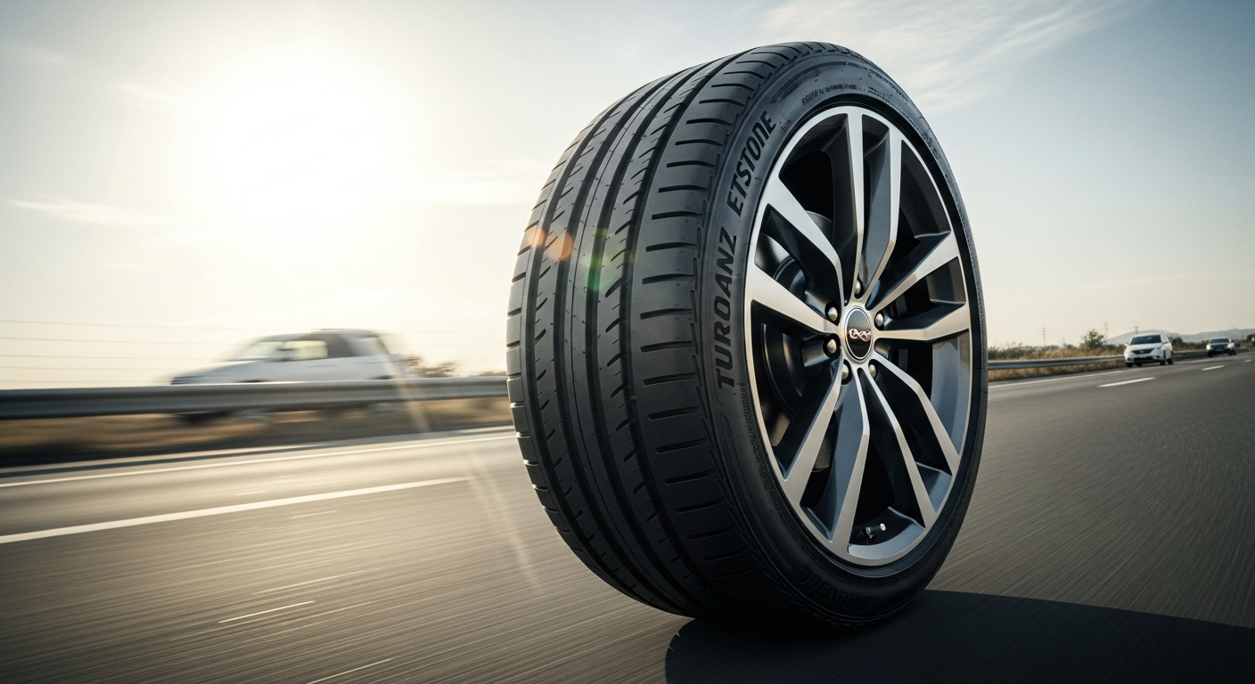 Bridgestone Turanza T005 premium summer tire mounted on a vehicle wheel showcasing tread pattern design
