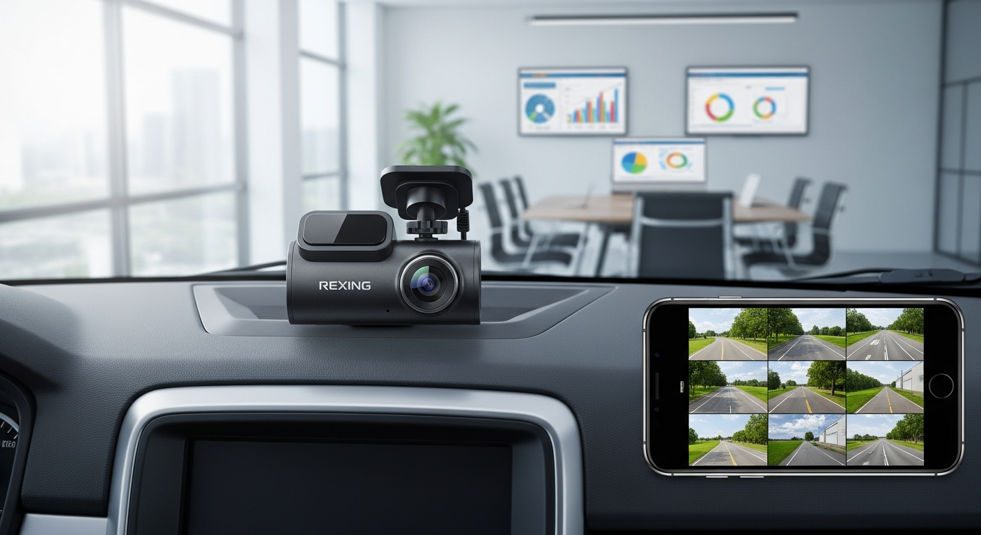 Rexing R4 4-Channel 1080p Dash Cam mounted on vehicle dashboard with front, rear, and side camera coverage