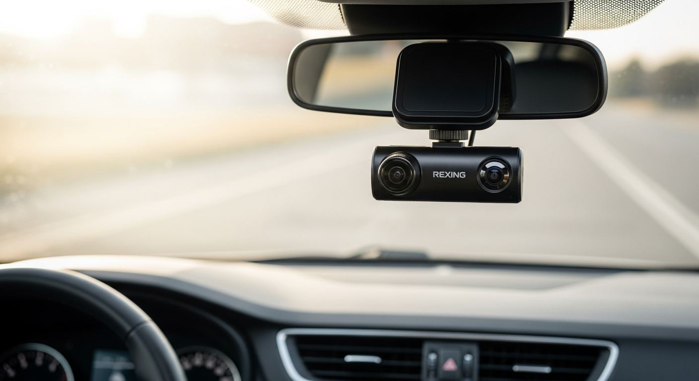 Rexing V1P Pro dual dash cam mounted on vehicle windshield with front and rear camera coverage