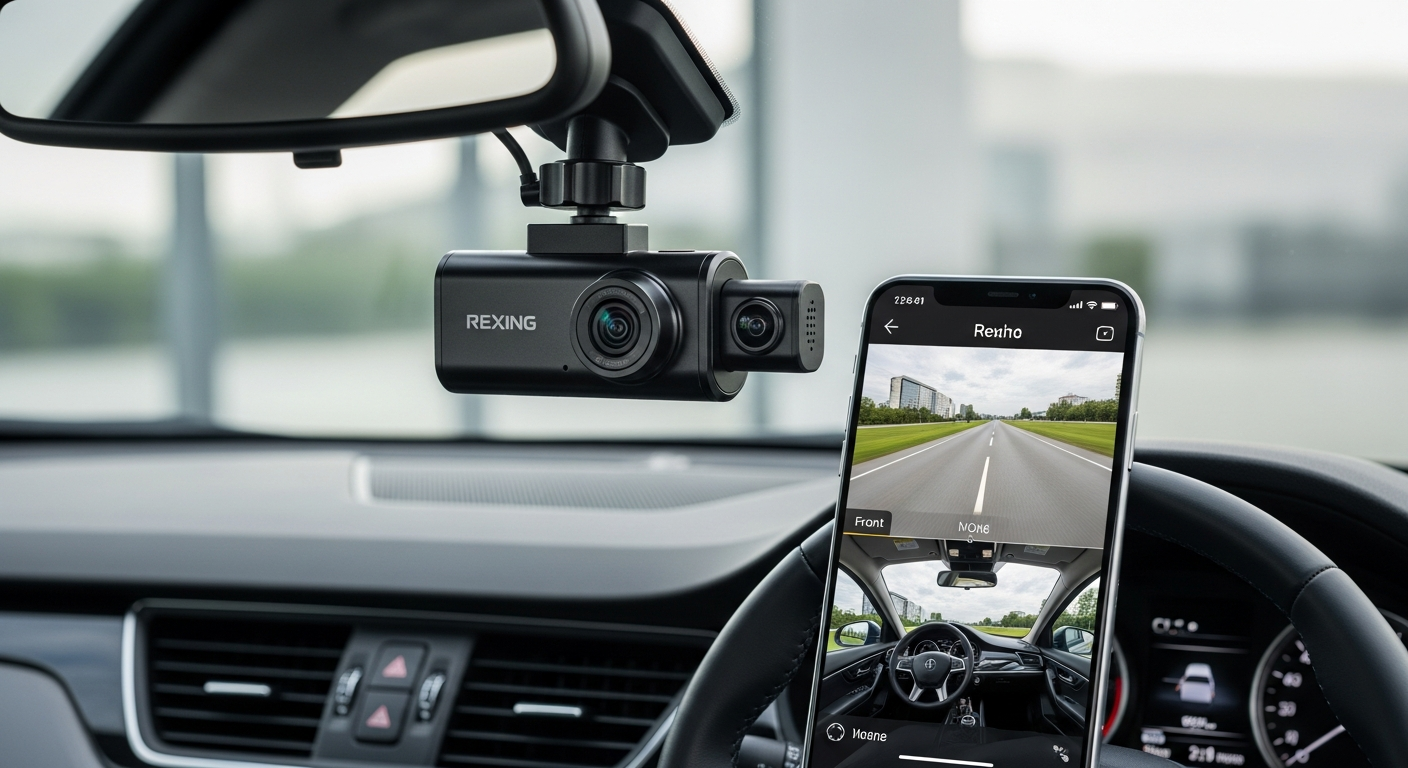 Rexing V1P Pro Dual Dash Cam mounted on vehicle windshield showing front and rear camera setup
