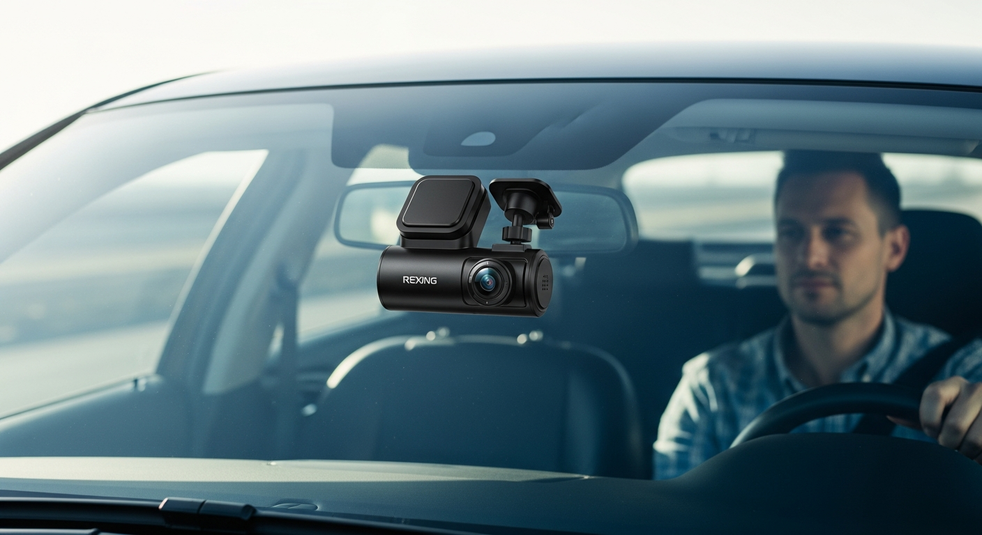 Rexing V1P Pro dual dash cam mounted on vehicle dashboard with front and rear camera setup