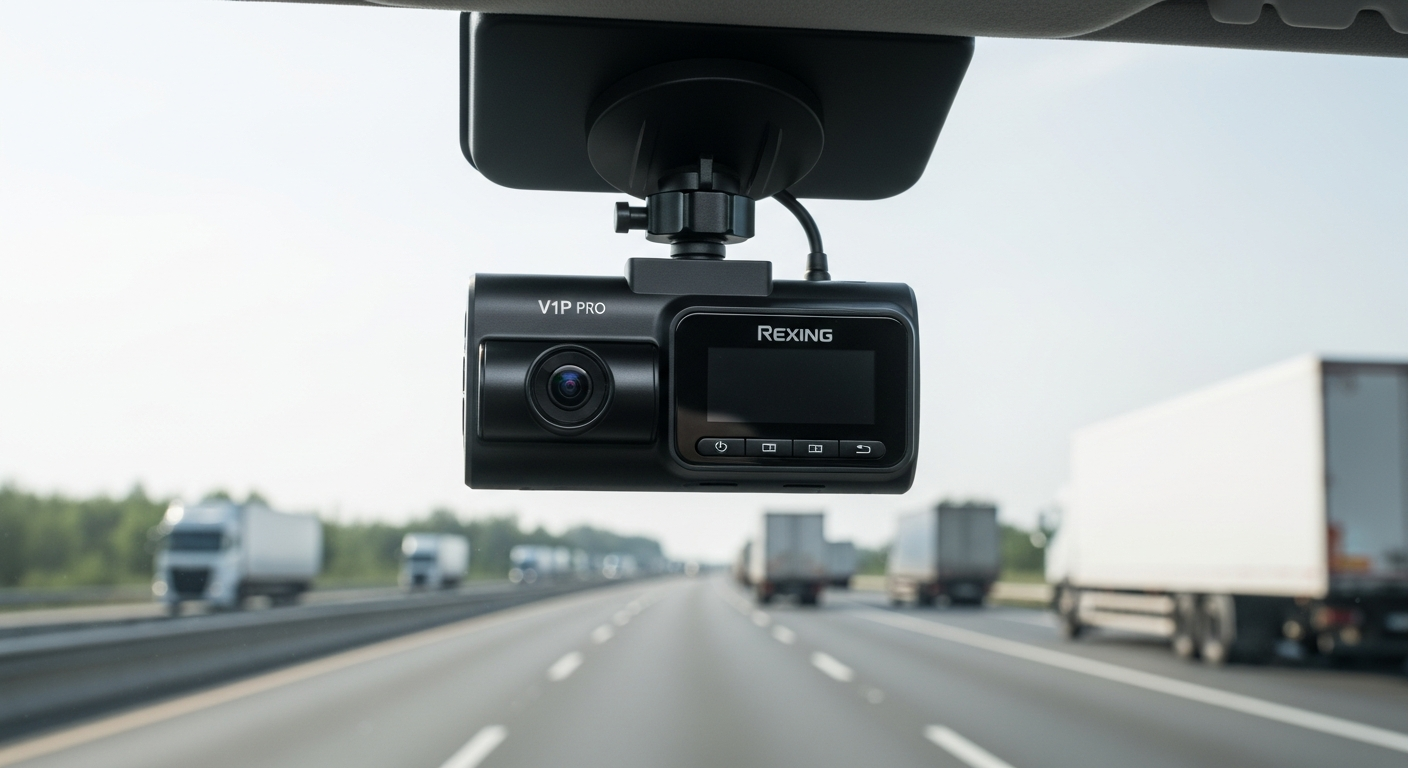 Rexing V1P Pro dual dash cam mounted behind rearview mirror in commercial vehicle