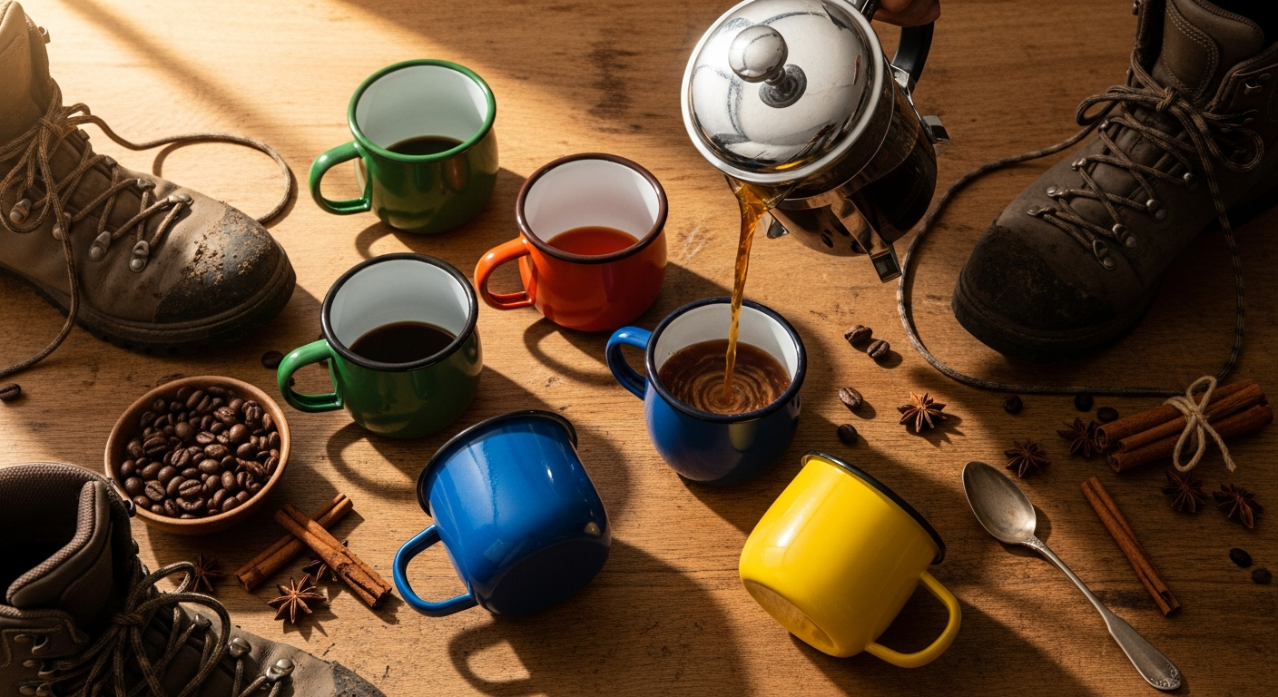 Colorful Rinkit enamel belly mugs in various vibrant colors displayed together outdoors