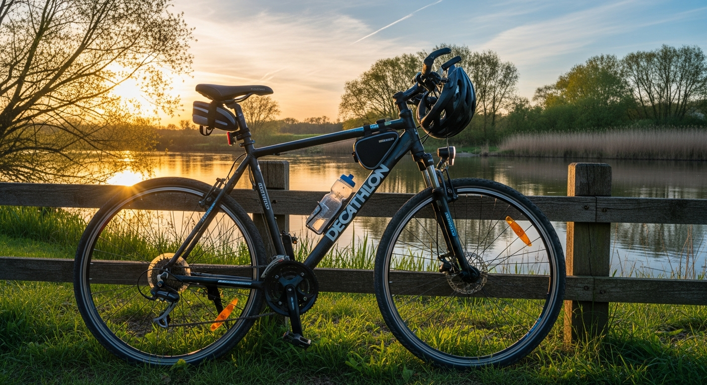 Decathlon Riverside 500 hybrid bike silver aluminum frame with suspension fork displayed outdoors