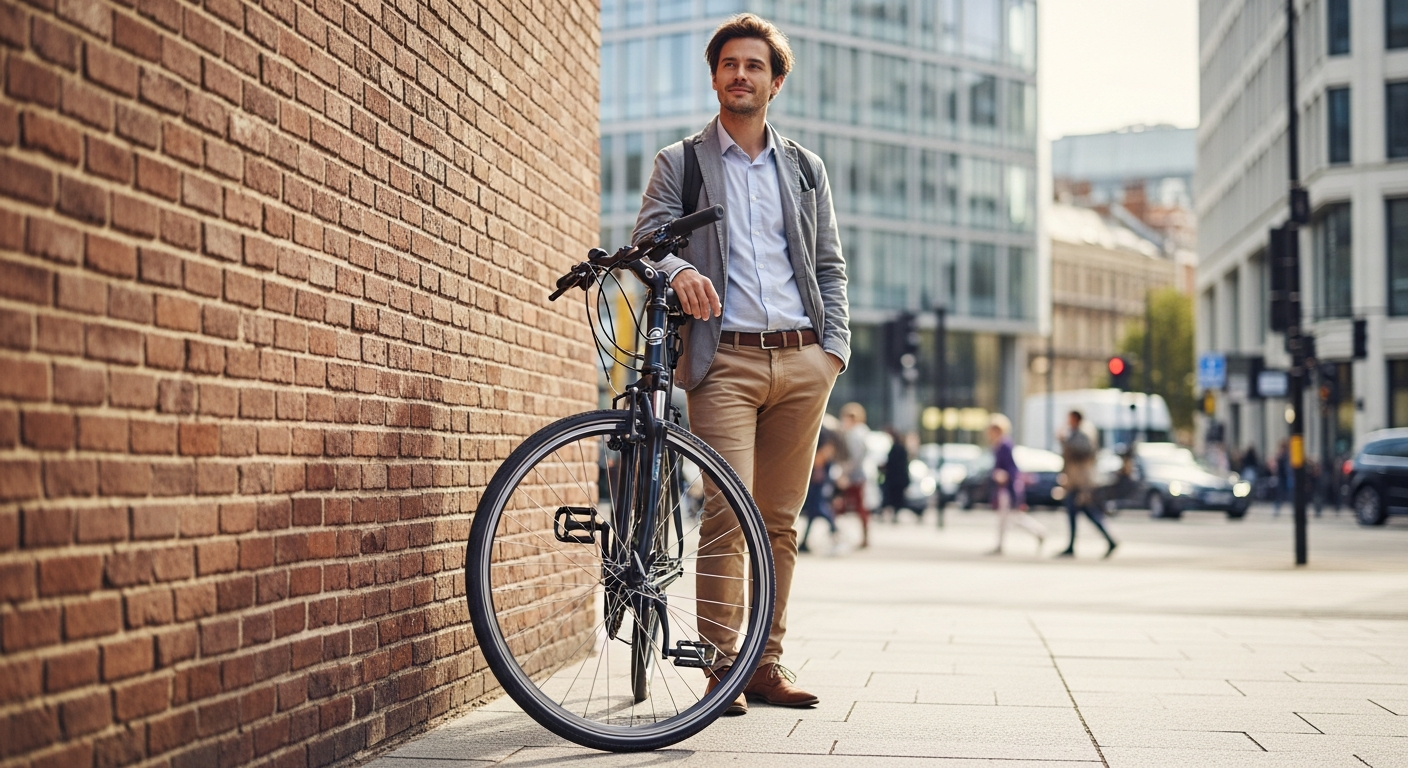 Decathlon Riverside 500 hybrid bike displayed in urban setting with city streets background