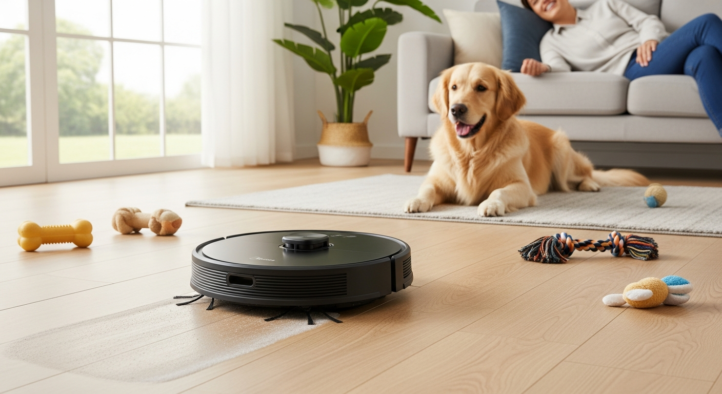 Midea V12 Robot Vacuum Mop Cleaner navigating through a pet-friendly home with dog and cat