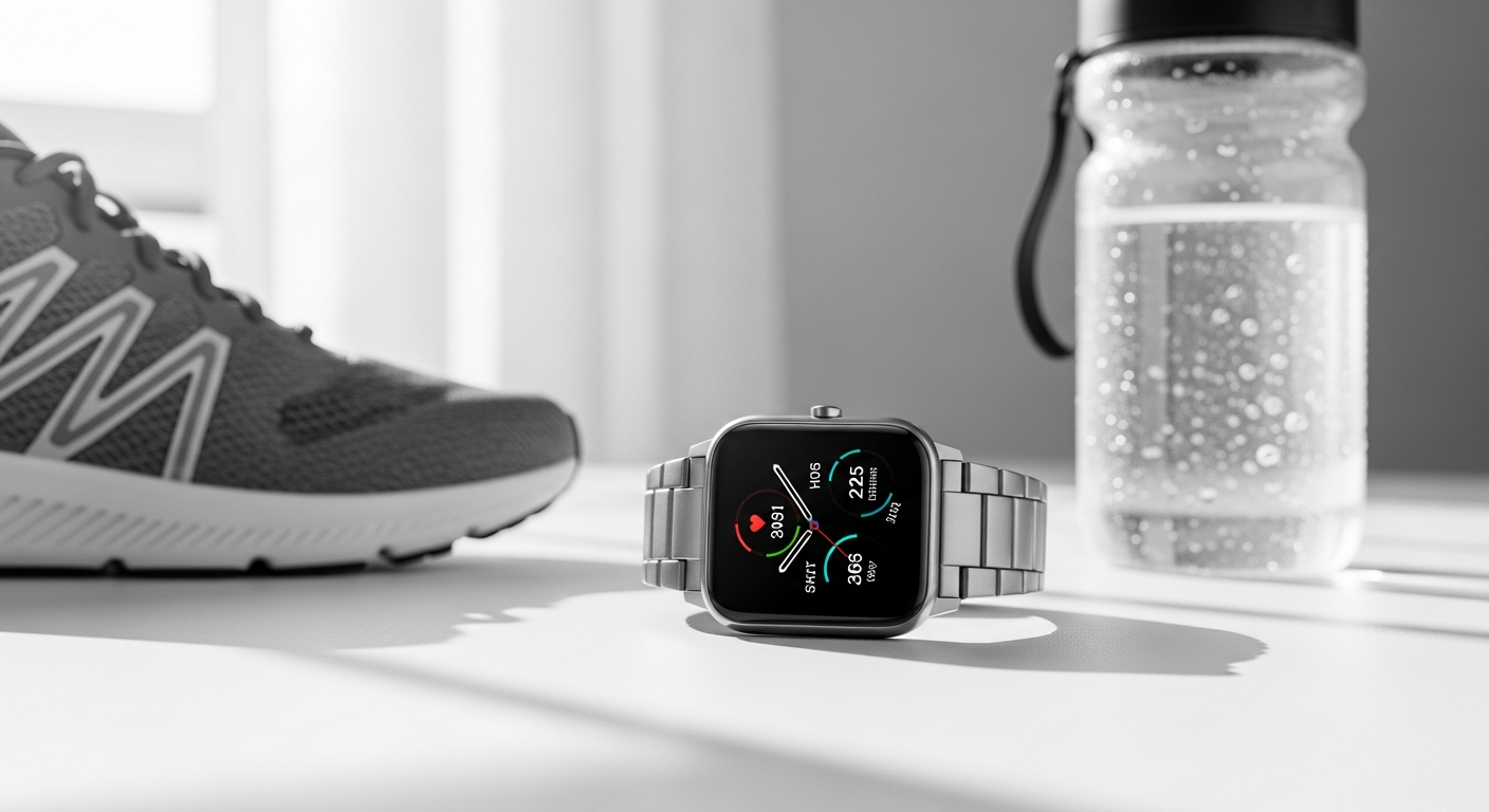 Titanium smartwatch premium fitness tracker with AMOLED display showing health metrics and fitness data