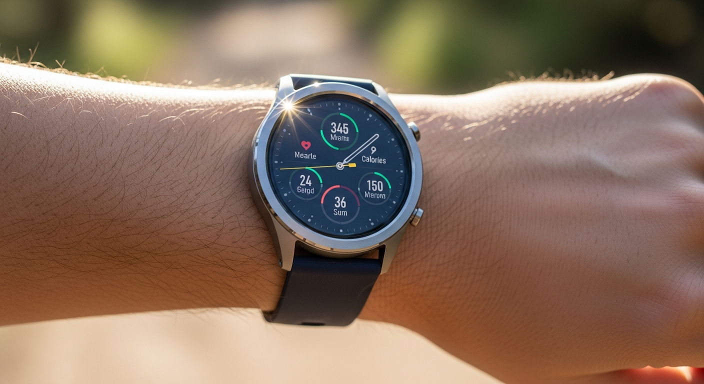 Titanium smartwatch displaying health metrics and fitness tracking on wrist