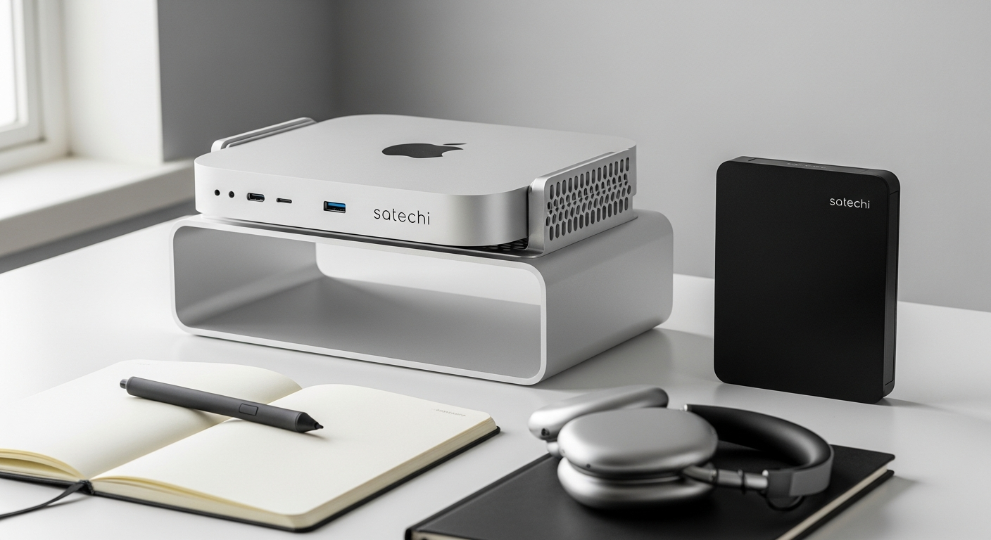 Satechi Mac Mini Stand Hub SSD Enclosure aluminum design with integrated storage and USB ports