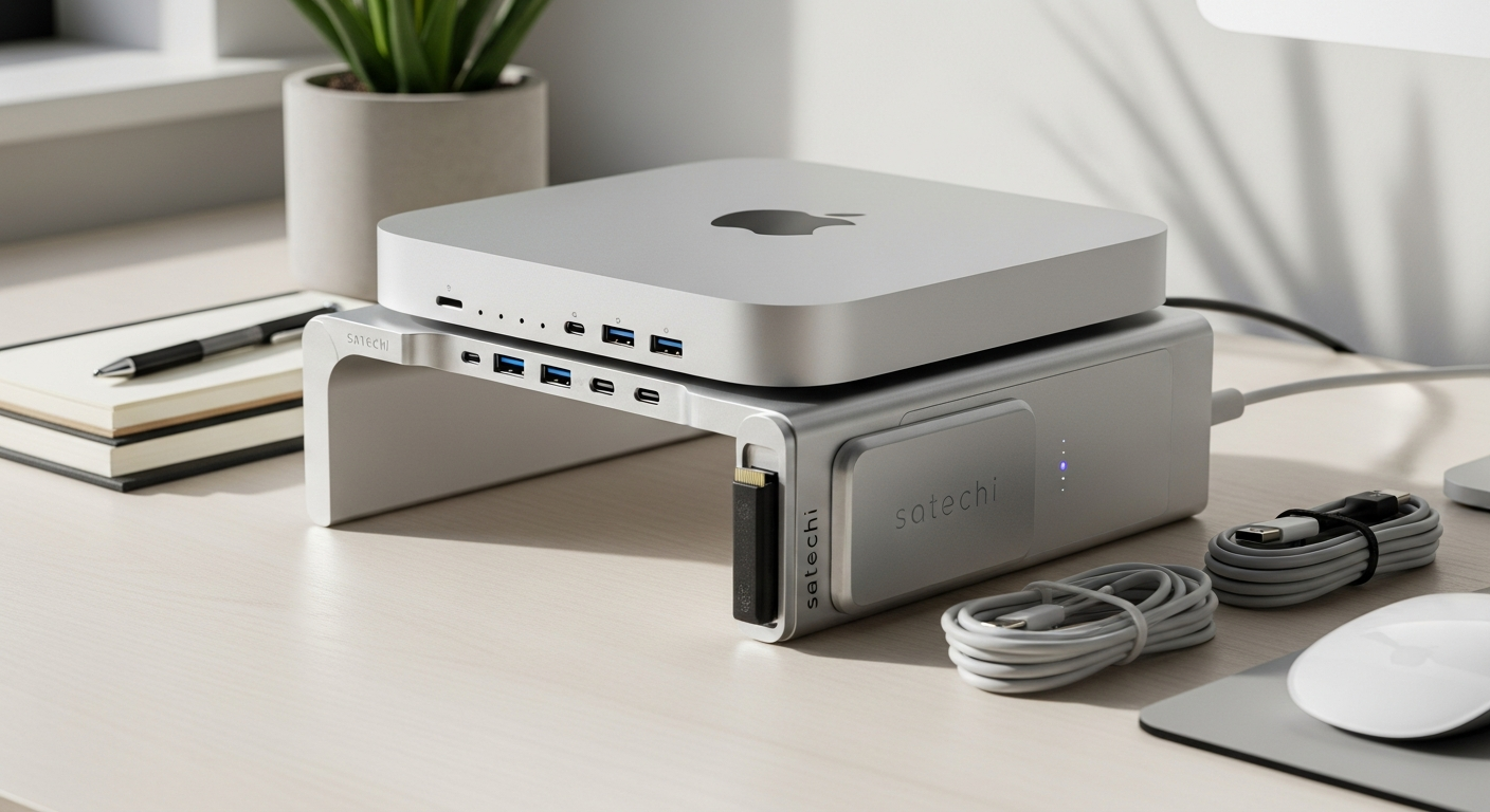 Satechi Mac Mini Stand Hub SSD Enclosure with aluminum construction and integrated storage ports