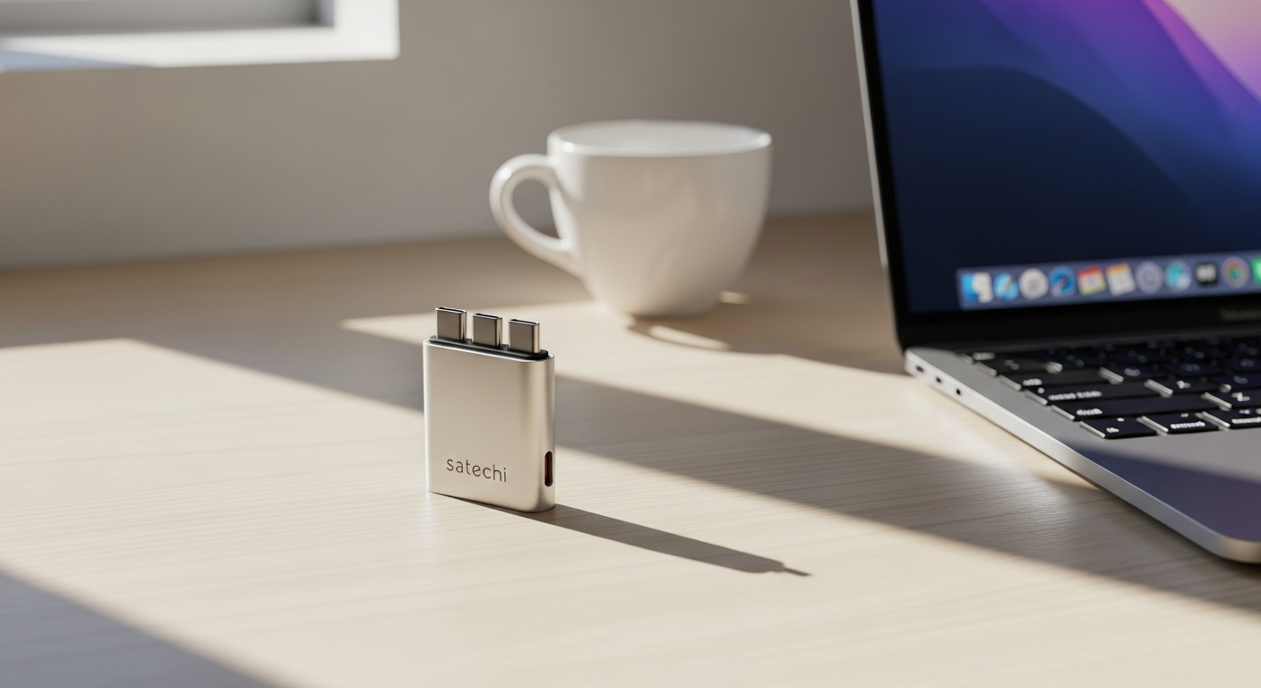 Satechi OntheGo 7-in-1 USB-C adapter with integrated cable and aluminum hockey puck design