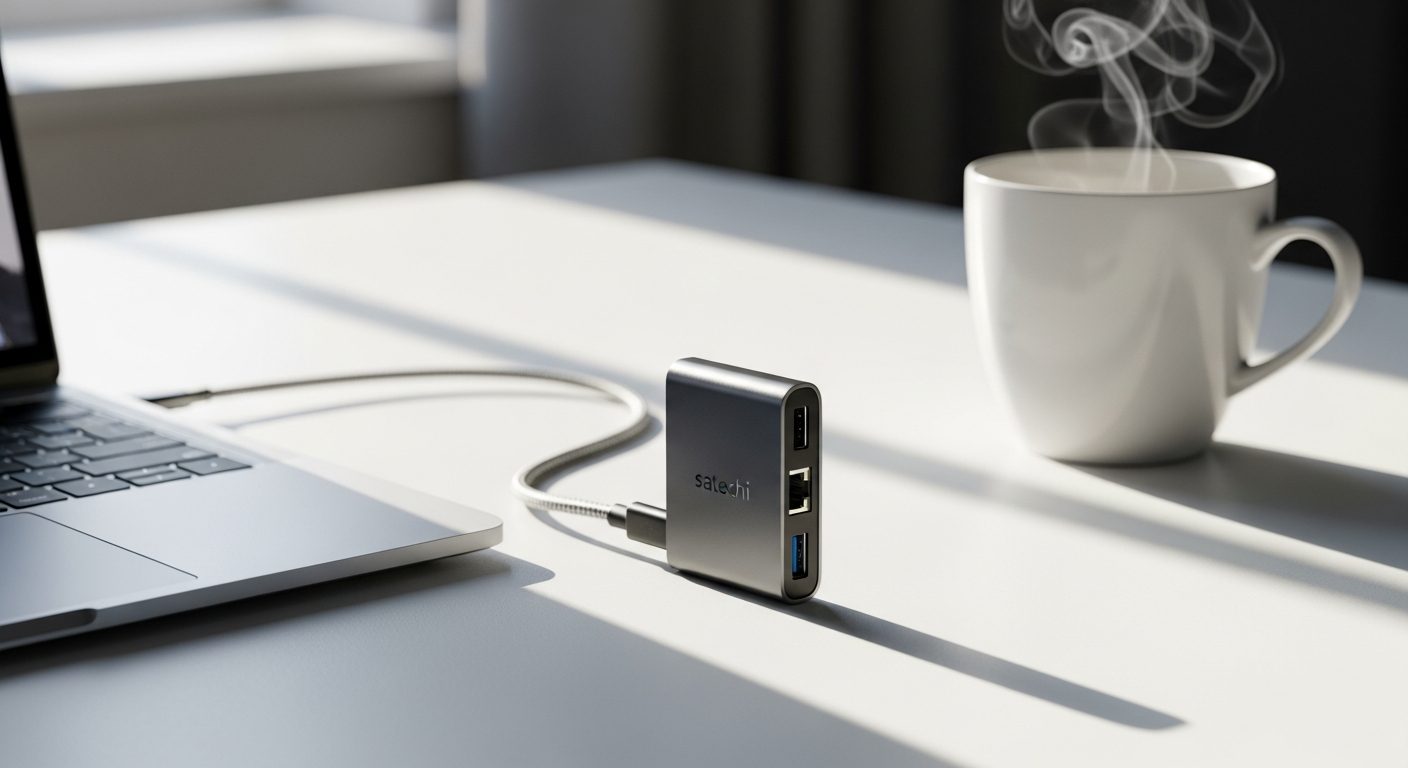 Satechi USB-C Slim Multiport Adapter with Ethernet displayed in Space Gray aluminum finish showing all ports
