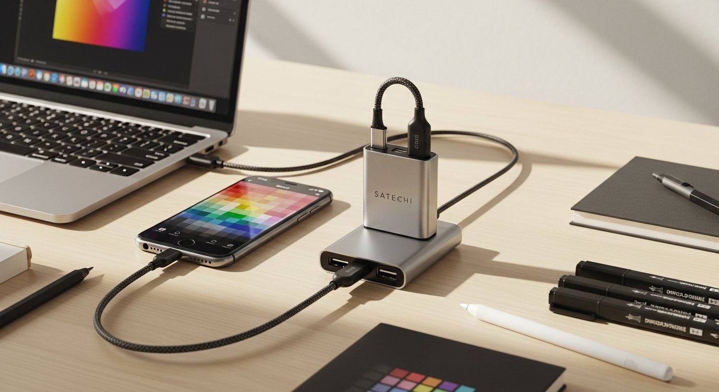 Satechi USB-C On-the-Go Multiport Adapter with dual cables and multiple ports displayed on a desk workspace