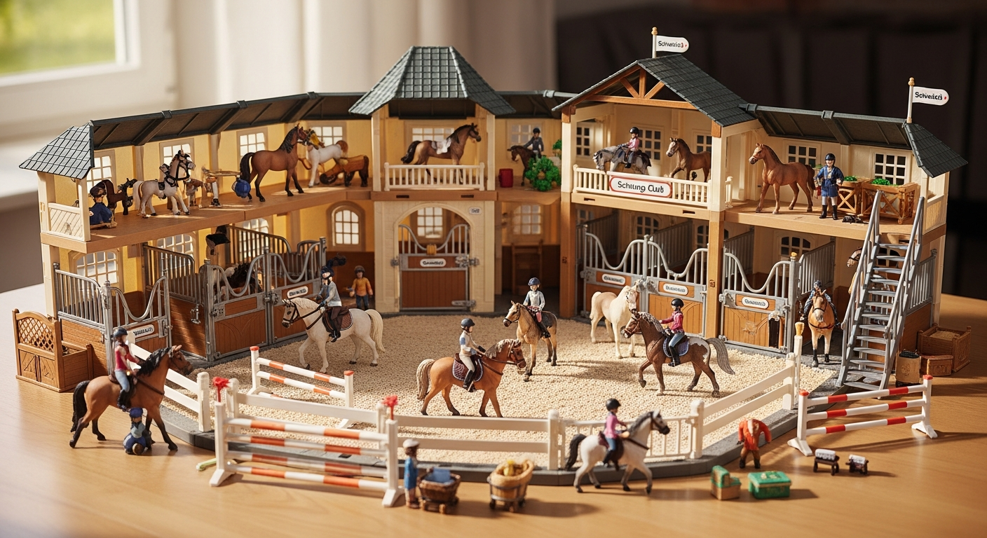 Schleich Horse Club Peppertree Riding Hall playset with hand-painted horse figurines and realistic stable accessories