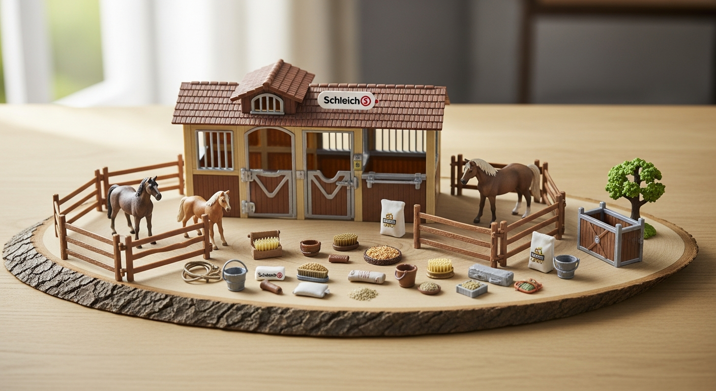 Schleich Horse Stable playset with hand-painted horses, realistic stable structure, and detailed accessories for children