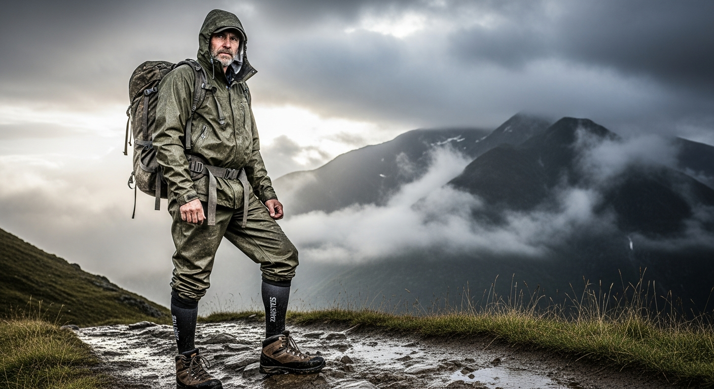 Sealskinz Waterproof All Weather Mid-Length Sock displayed on outdoor terrain in wet conditions