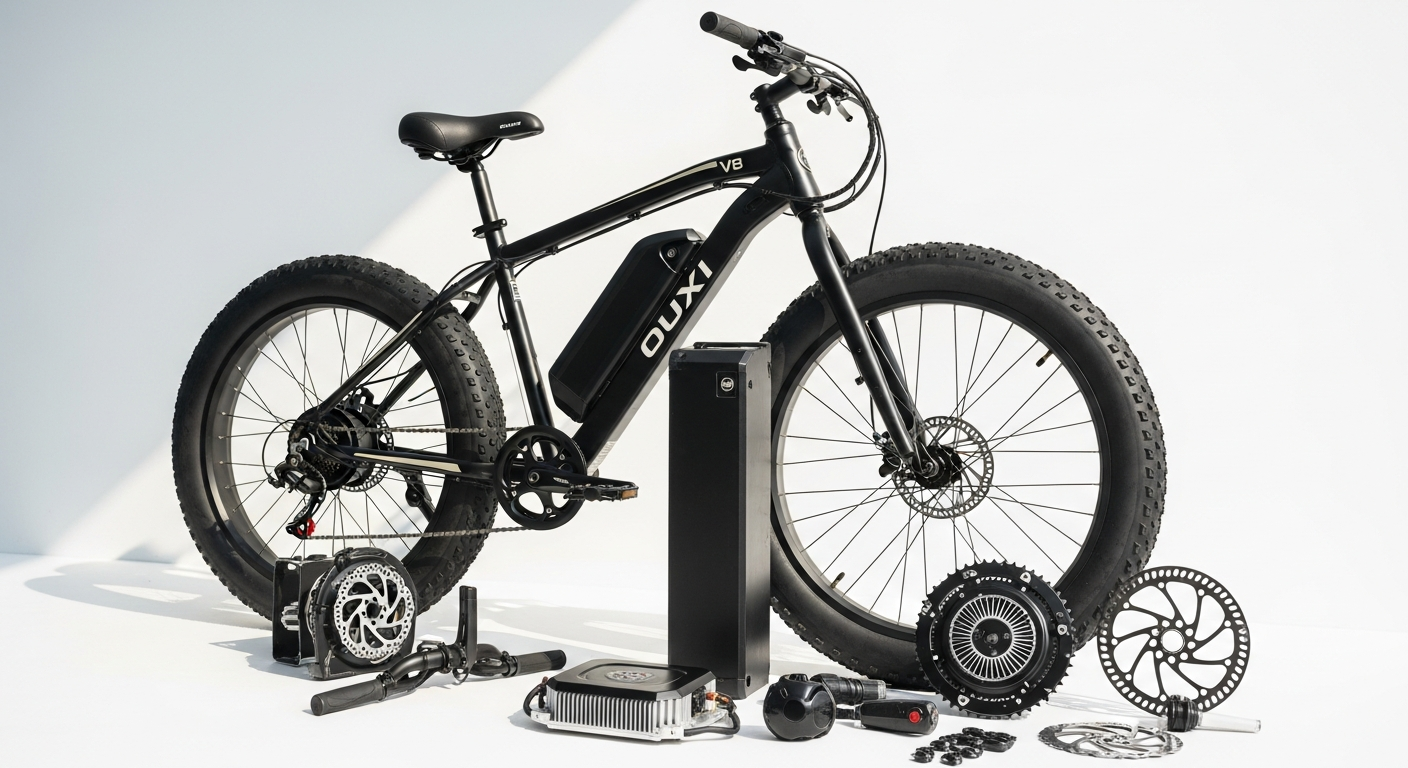 OUXI V8 fat tire electric bike displayed outdoors showing moped-style frame and thick tires