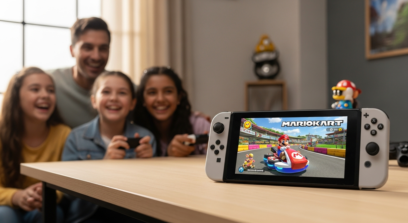 Nintendo Switch 2 console with Mario Kart World game bundle displayed on wooden table