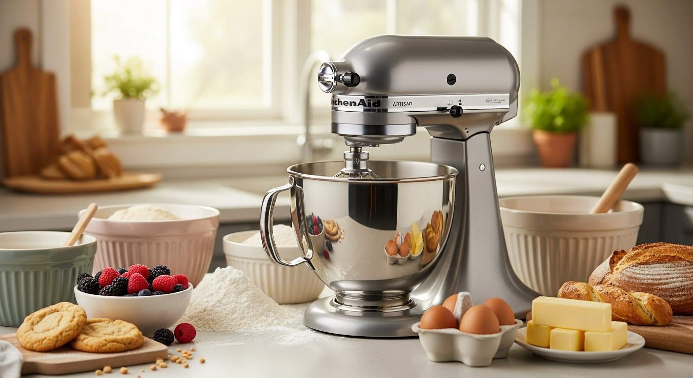 KitchenAid Artisan 5-Quart Stand Mixer with optional attachments displayed on kitchen counter