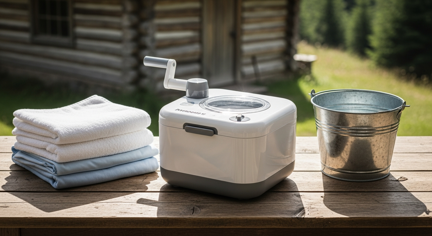 WonderWash portable manual washing machine with hand crank mechanism displayed on white background