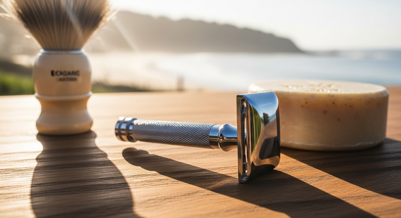 Man demonstrating proper safety razor technique and grip for shaving