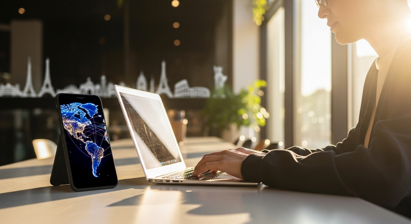 Digital nomad working on laptop with global connectivity map and eSIM technology interface