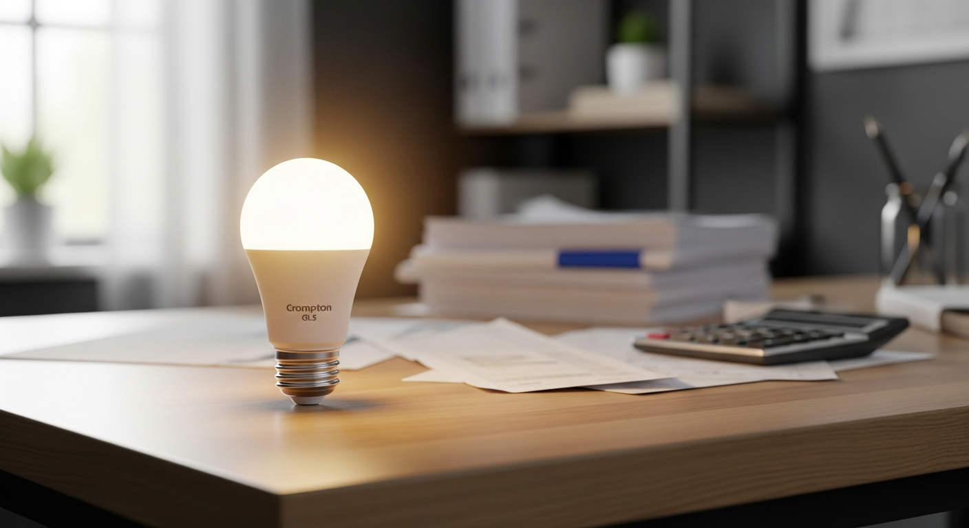 Crompton GLS Ultra-Efficient LED bulb with warm white light glowing in modern home fixture