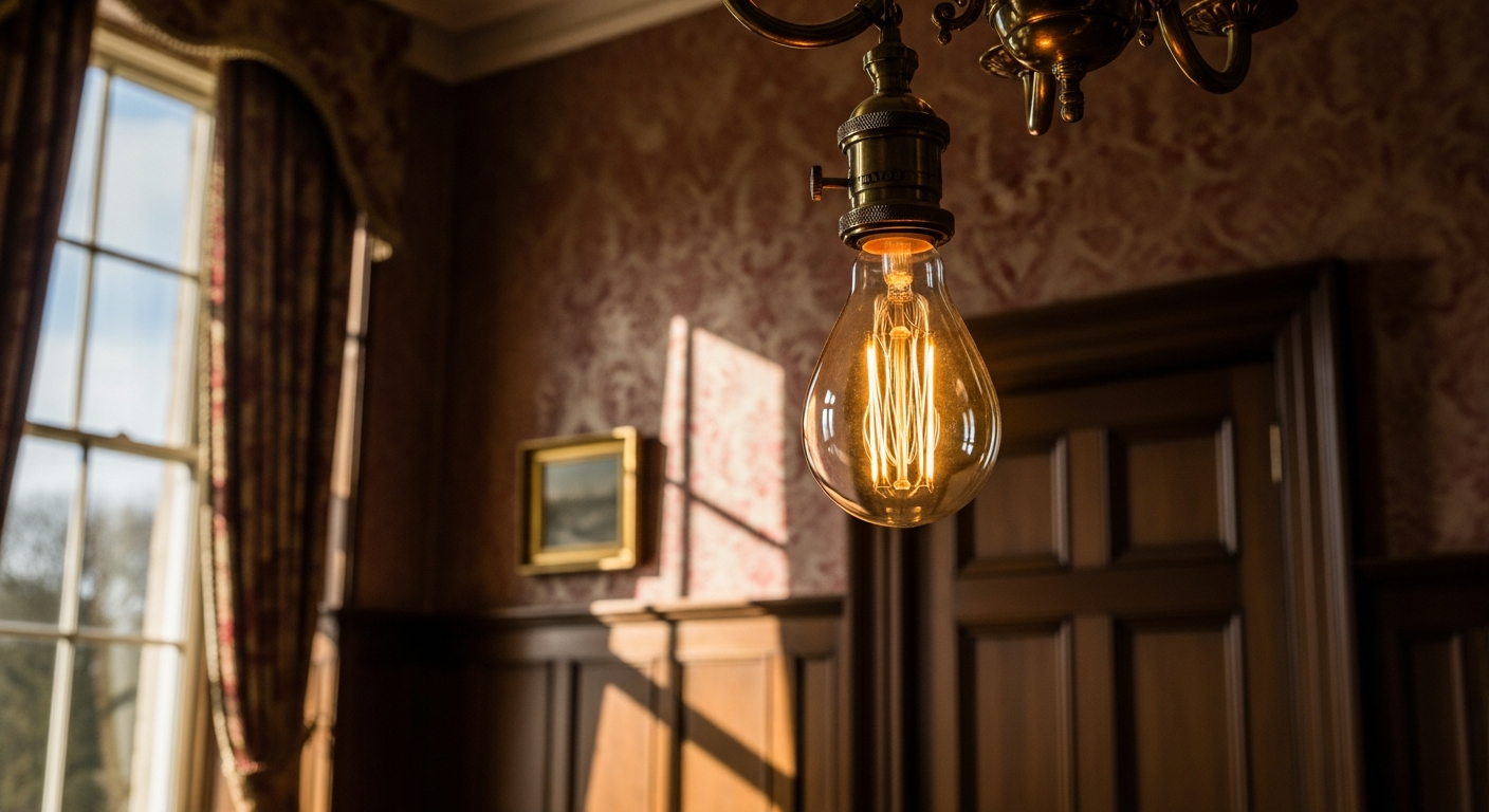Crompton Ultra-Efficient LED Filament Bulb glowing warmly in a vintage Victorian light fixture
