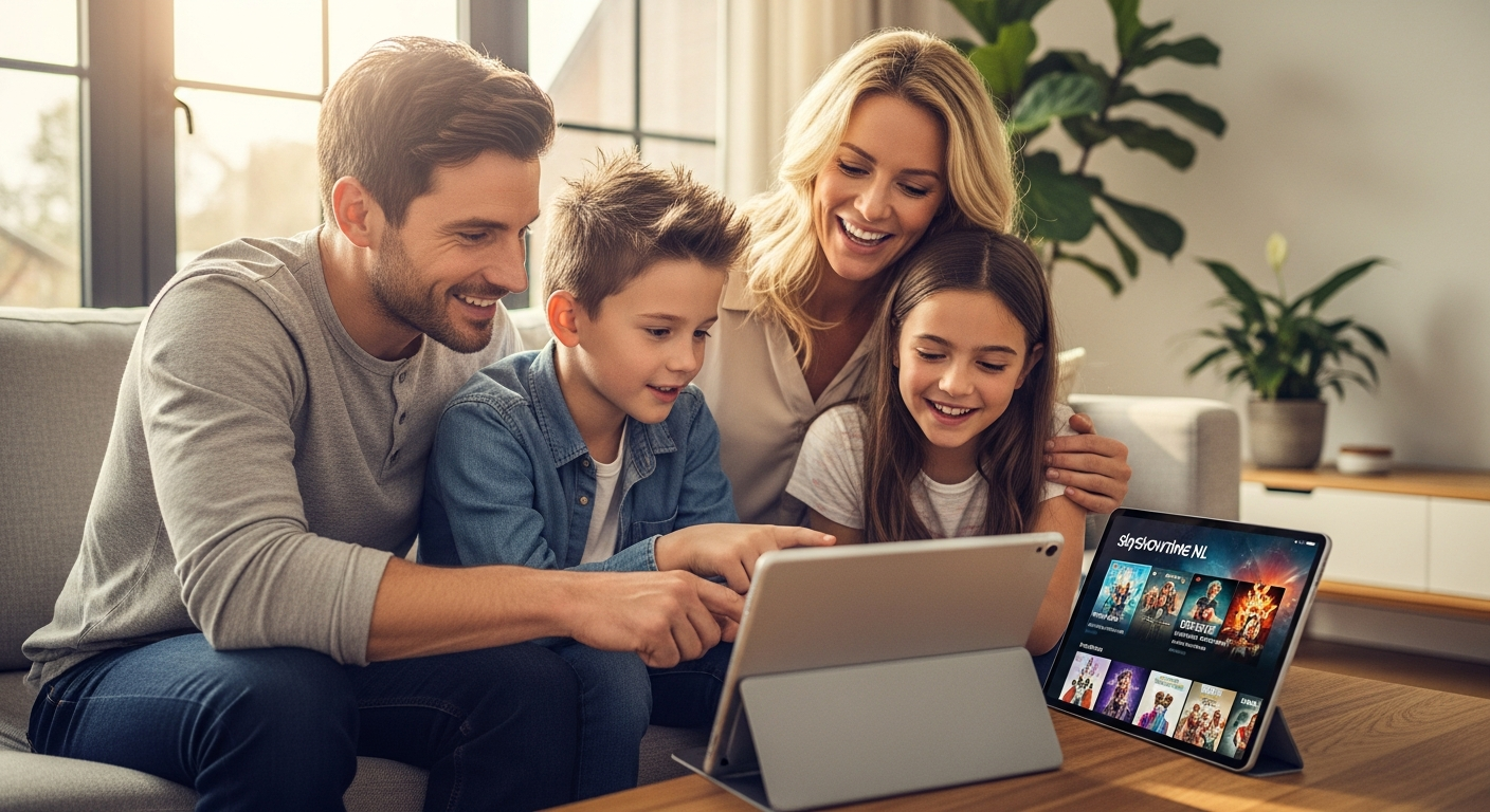 SkyShowtime NL streaming app interface showing multi-profile setup and offline download features on smart TV