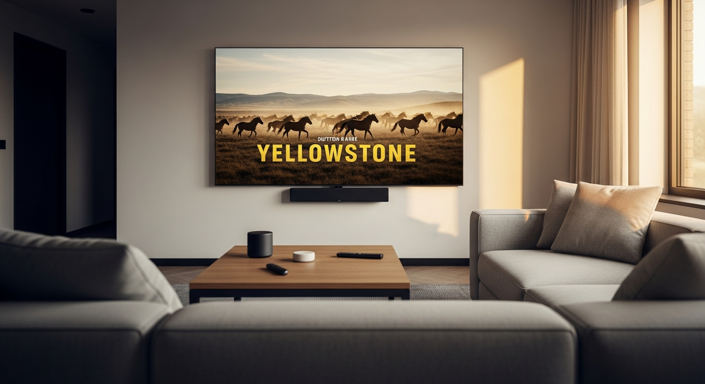 Kevin Costner as John Dutton standing on the Yellowstone ranch with mountains in background