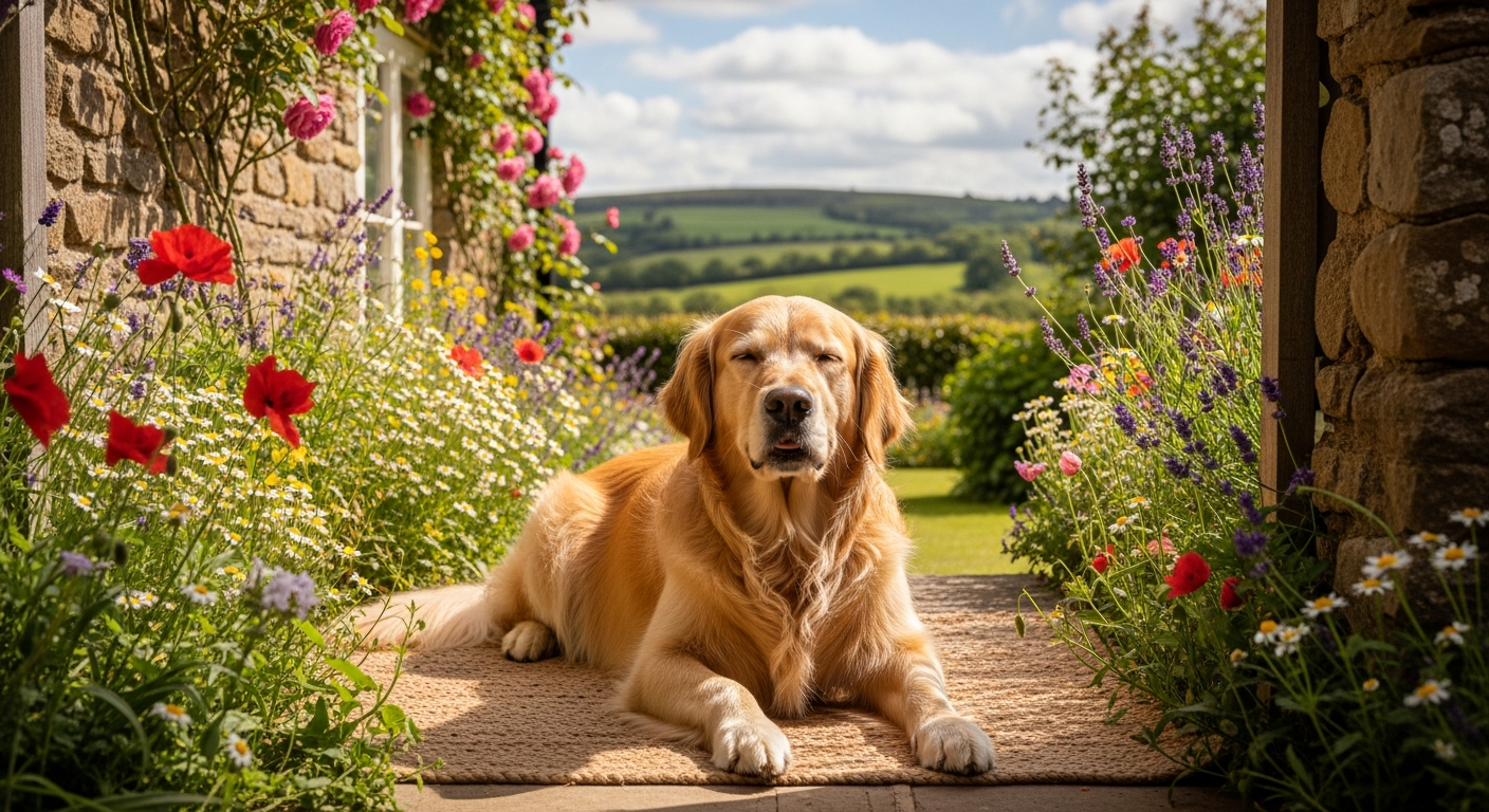 A golden retriever playing in an enclosed garden at a dog-friendly UK cottage