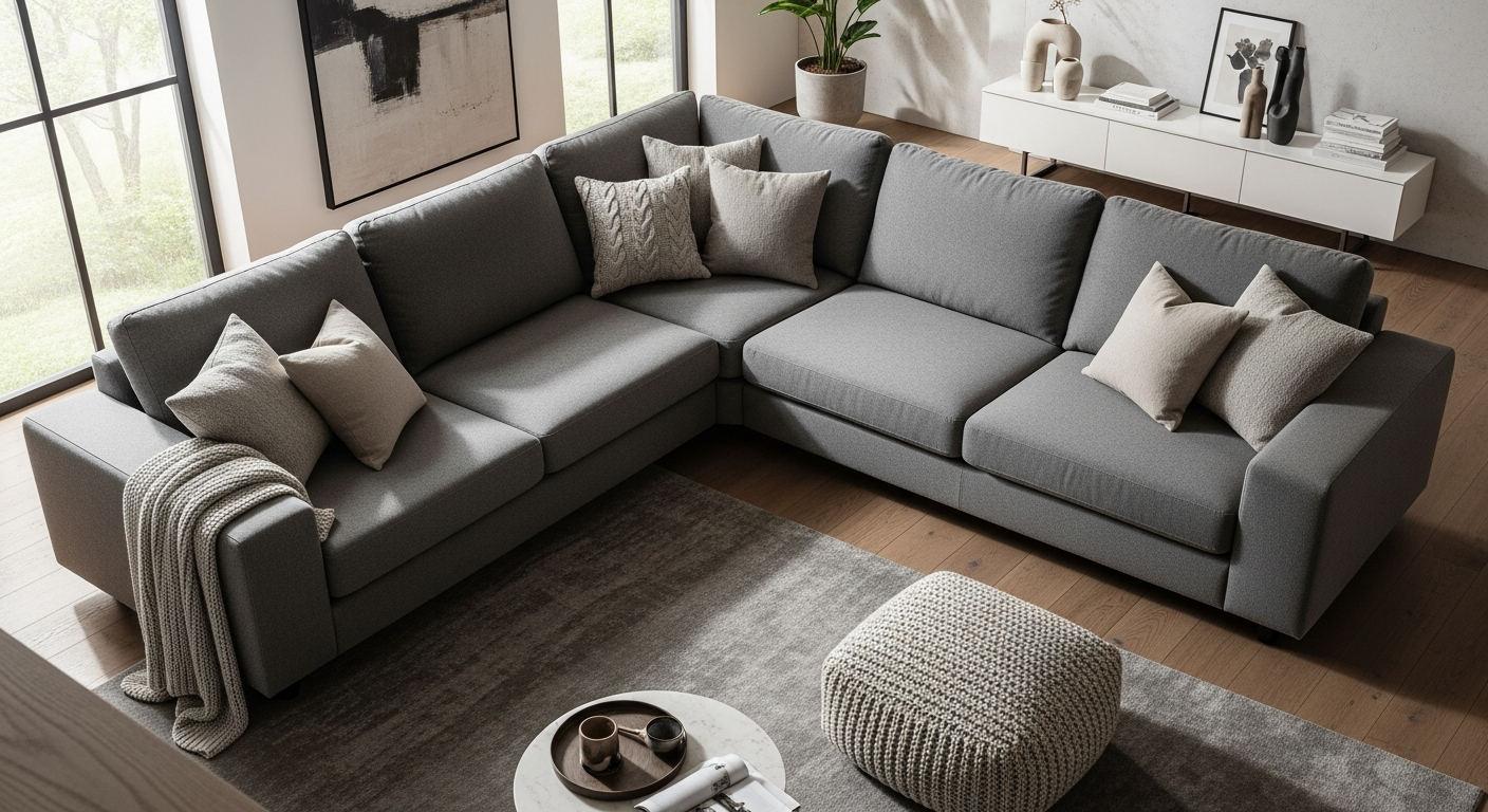 Sofa Club Bishop U-Shape Corner Sofa in neutral fabric with scatter back cushions and moveable footstools in modern living room