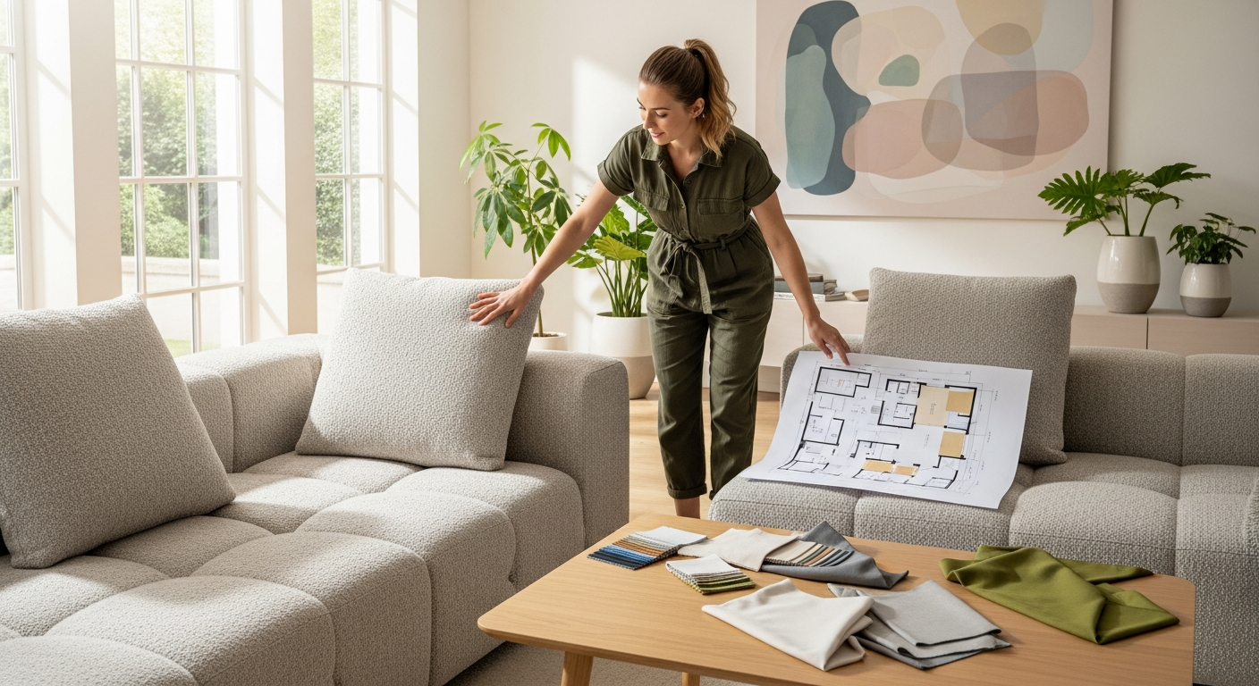 Modern modular sofa configuration options displayed in various living room layouts