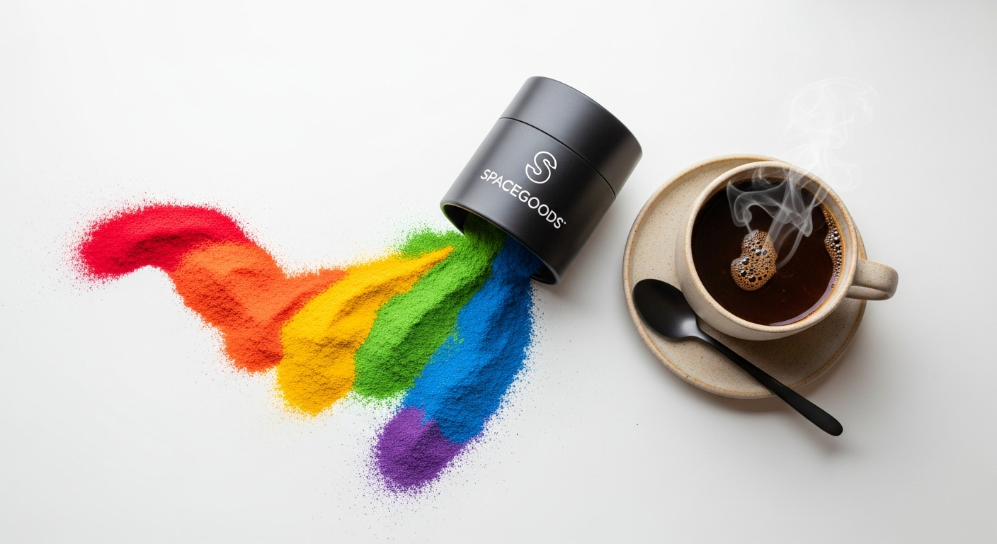Spacegoods Rainbow Dust mushroom coffee alternative powder in chocolate flavor with steaming cup