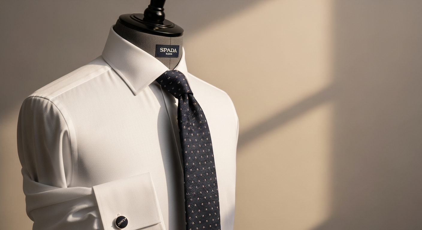 Italian man wearing Spada Roma cotton French collar patterned shirt in business casual setting