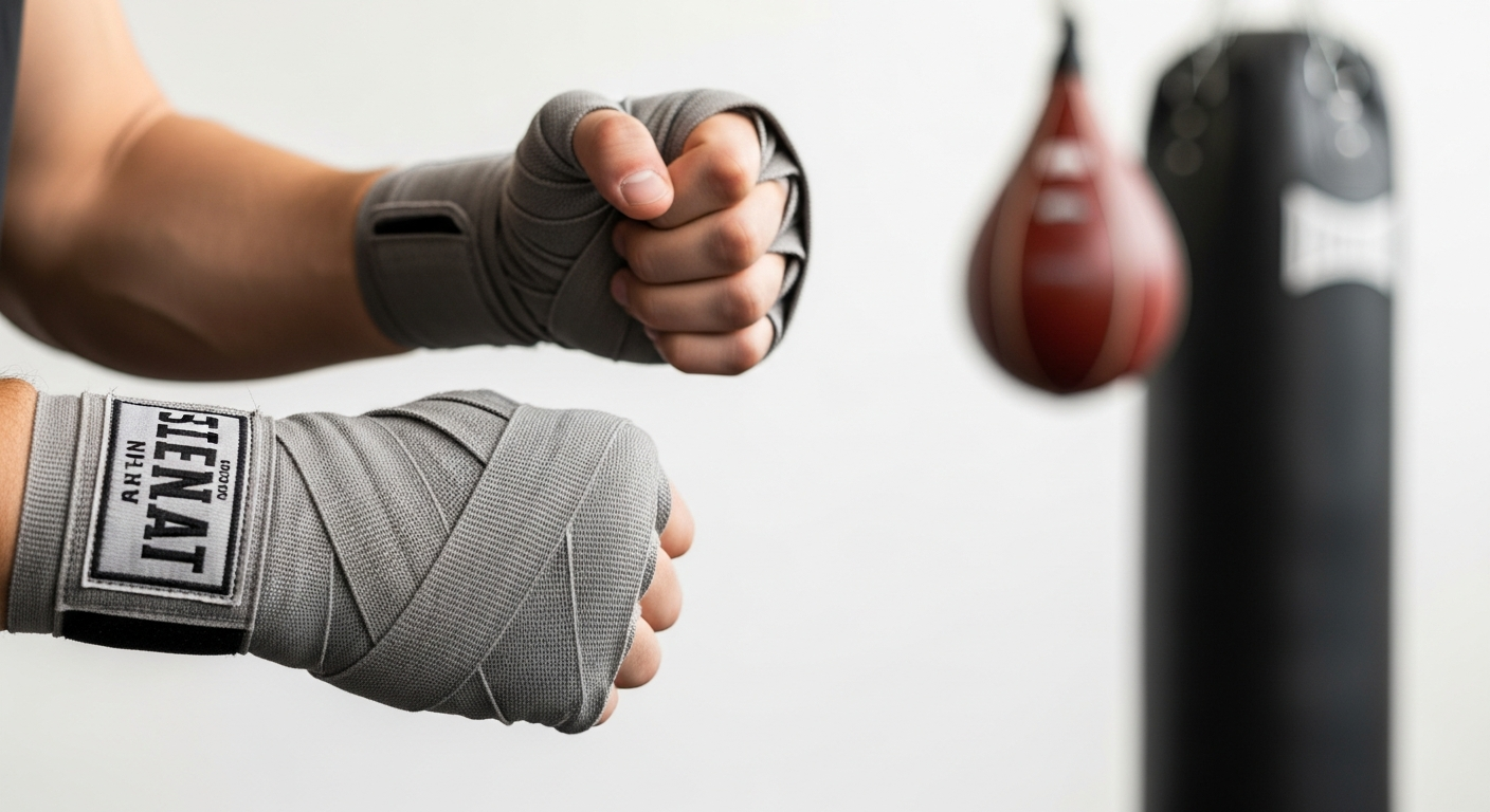 Professional boxer wrapping hands with blue and white cotton hand wraps before training