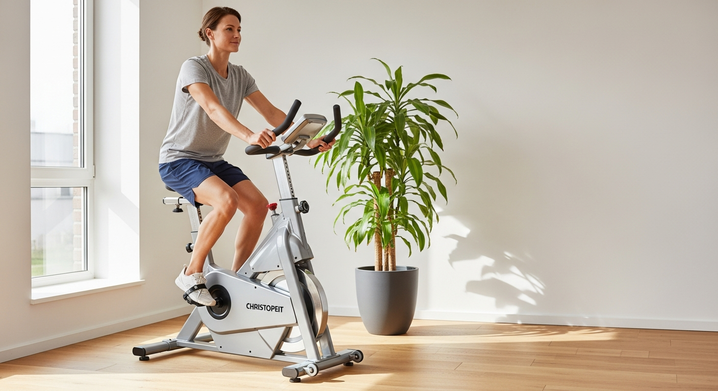 Christopeit AL2 Ergometer Exercise Bike in modern apartment living room with tablet holder and LCD display