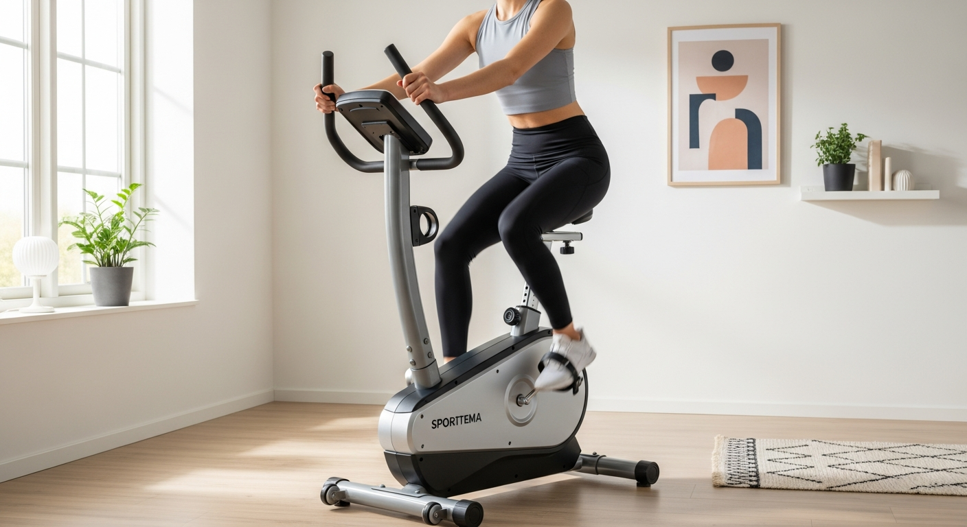 Sporttema AL2 Exercise Bike displayed in a modern home gym setting with digital display visible