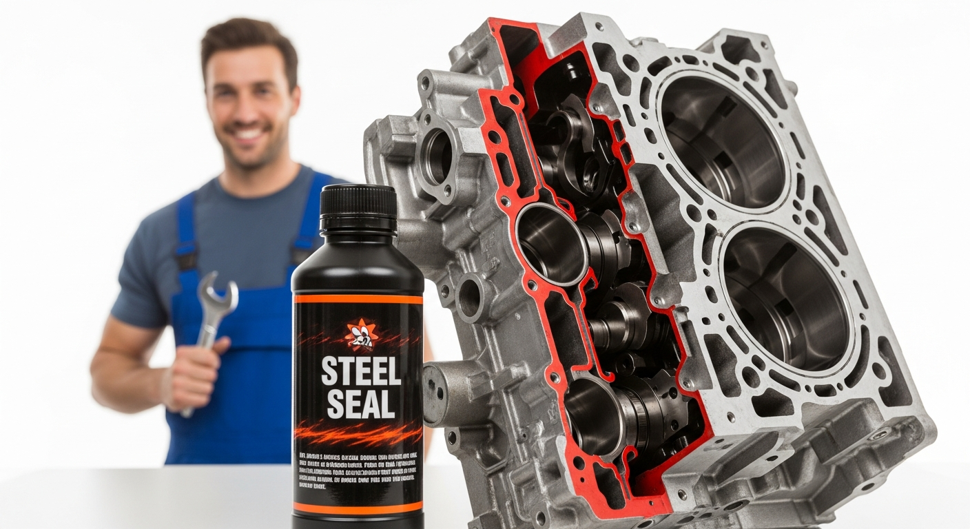 Steel Seal head gasket repair bottle with engine block and coolant system diagram
