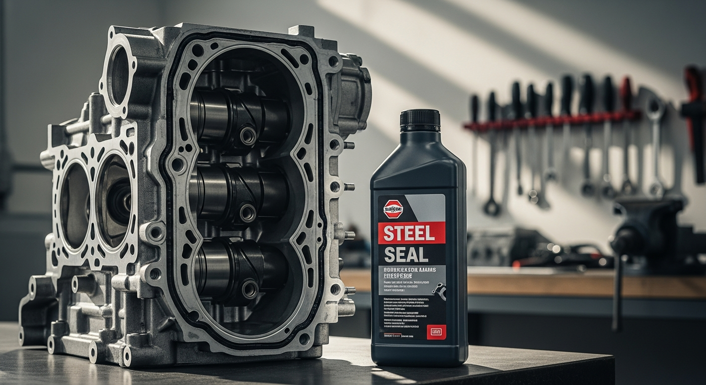 Steel Seal blown head gasket repair sealer bottle next to engine block showing thermochemical sealing technology application