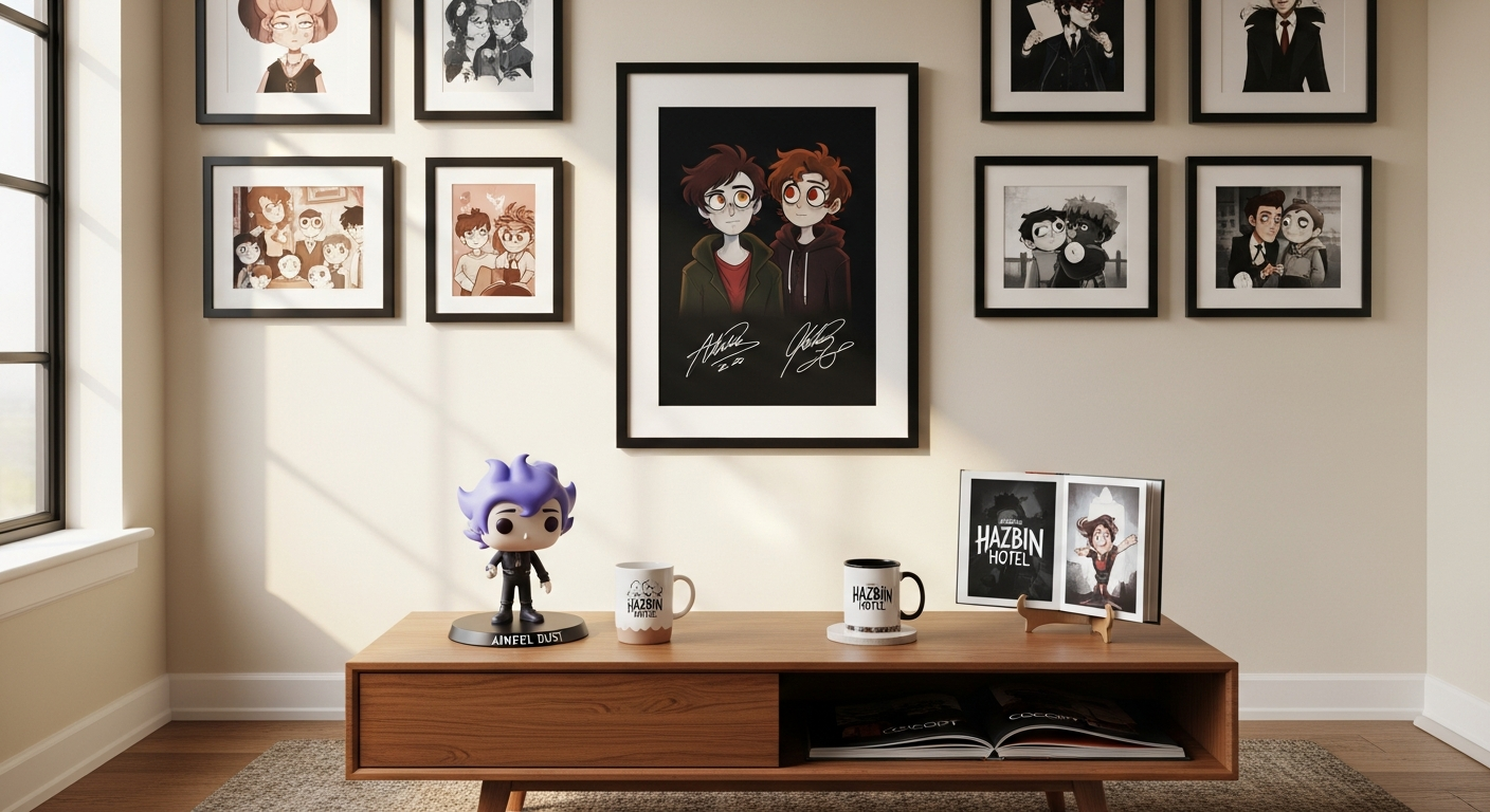 Alastor and Charlie characters from Hazbin Hotel on a signed print with dual voice actor autographs