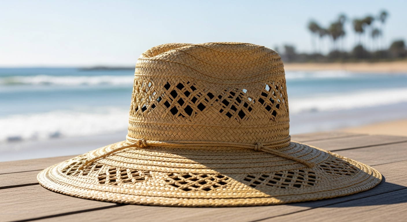 Handwoven Rosita Palm Hat with colorful woven band displayed on white background