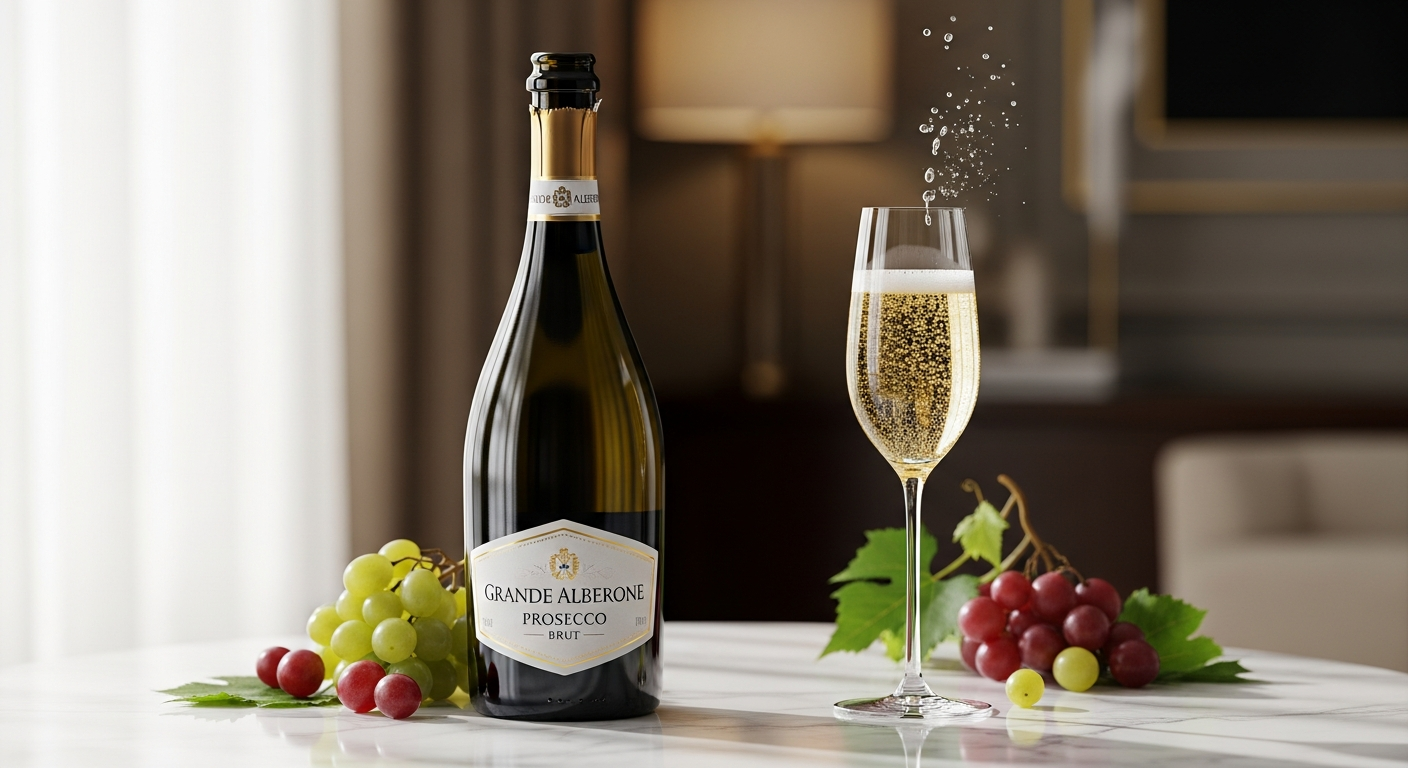 Grande Alberone Prosecco DOC Brut bottle with golden bubbles and Italian vineyard landscape background